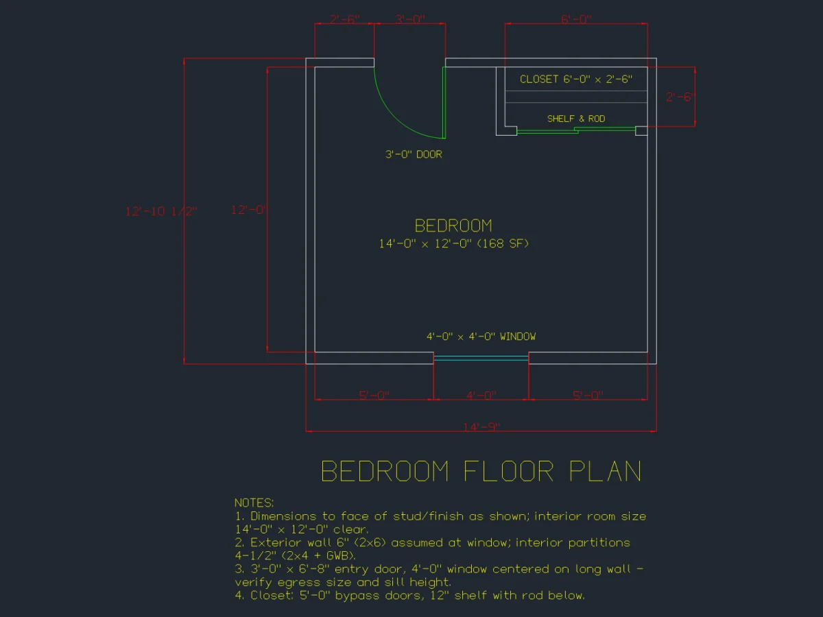 The bedroom plan the drafter drew from one sentence, with closet, door, window and dimensions