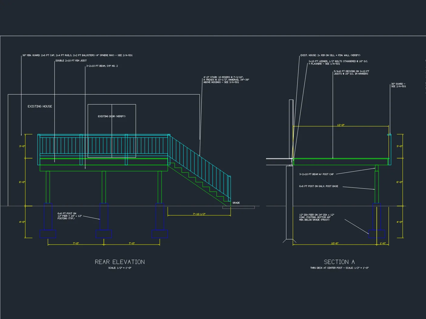 Rear elevation and section of the same deck: 6 foot deck height, 36 inch guards, posts on 12 inch piers and 24 inch footings 48 inches below grade