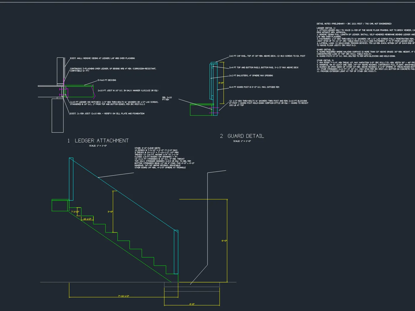 Deck details drawn by LedgerWorks: ledger attachment with flashing and through-bolts, guard post detail, and a stair detail with 7-3/16 inch risers and 10-1/2 inch treads