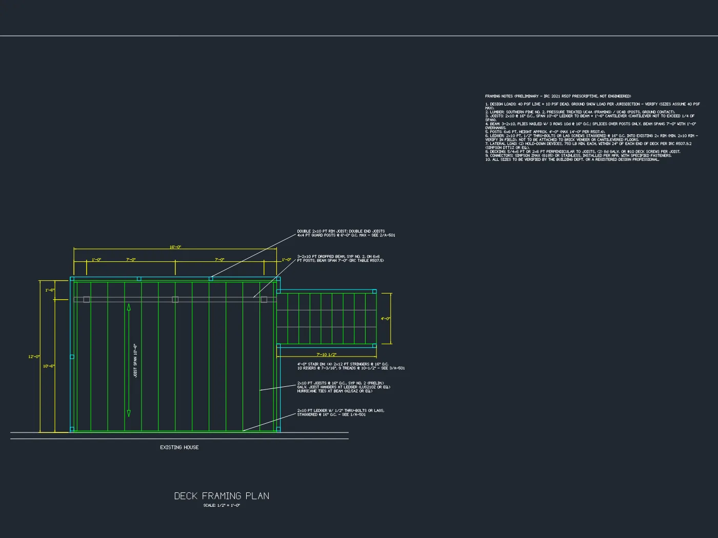 Deck framing plan drawn by LedgerWorks for a 16' x 12' deck: 2x10 joists at 16 inches on center, 3-2x10 dropped beam on 6x6 posts, ledger, stair and framing notes