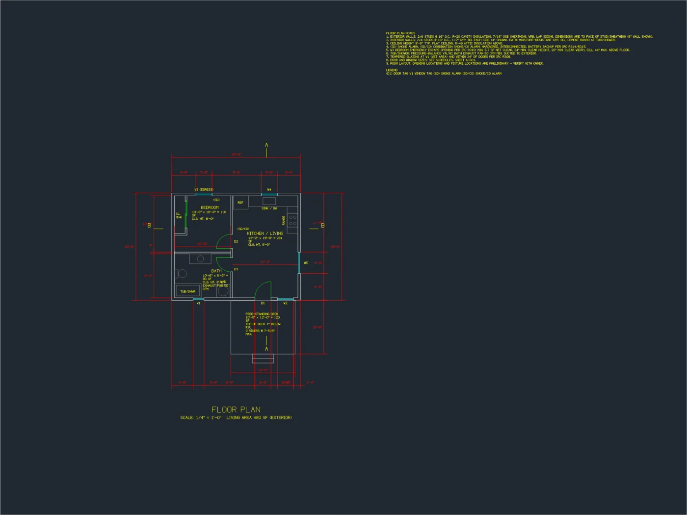 Sheet A-102, floor plan of the ADU: bedroom, bath, kitchen and living, deck, door and window tags, dimensions and notes