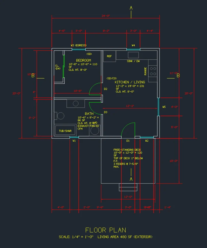 Sheet A-102 floor plan from a real LedgerWorks permit set, with dimensions, door and window tags