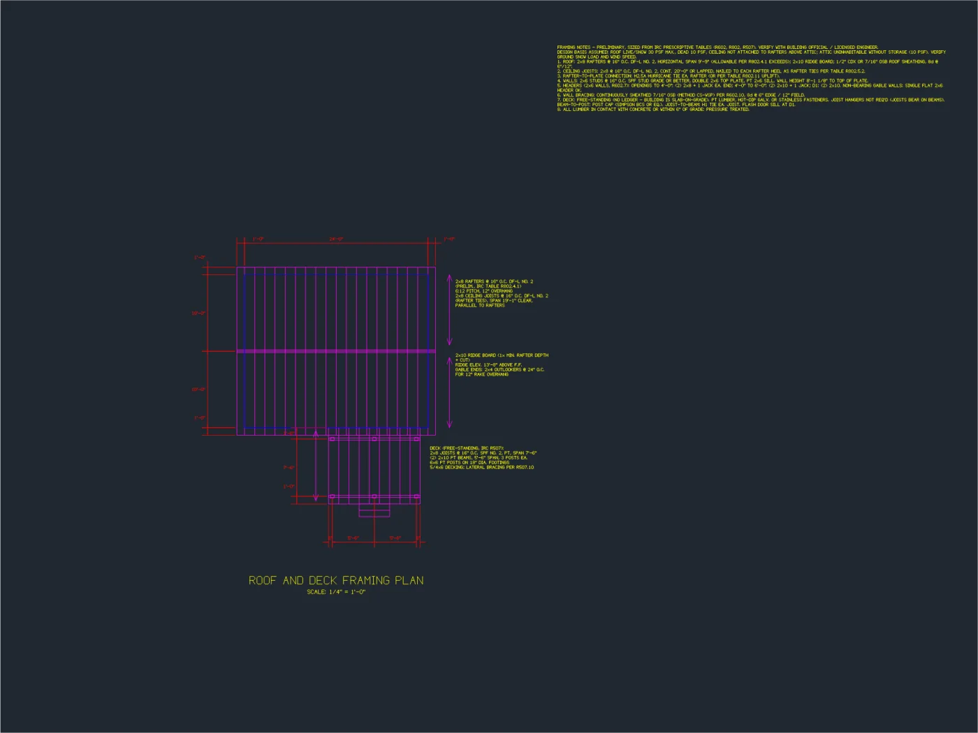 Sheet S-102: roof and deck framing with rafter and joist sizes and spacing
