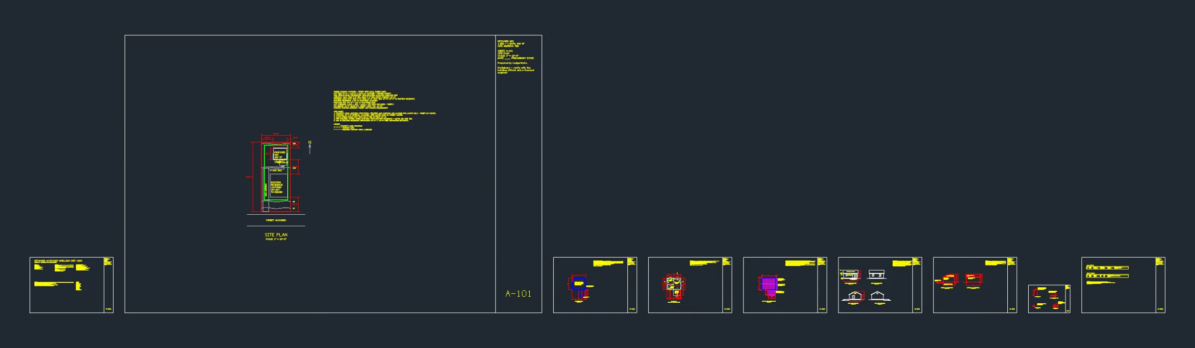 All nine sheets of the ADU permit set side by side in CAD model space
